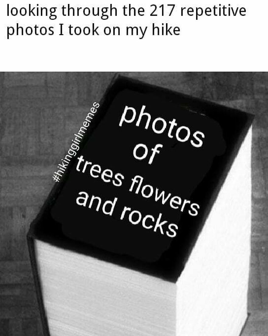 Hiking and camping meme showing a book titled photos of trees flowers and rocks from repetitive nature hikes.