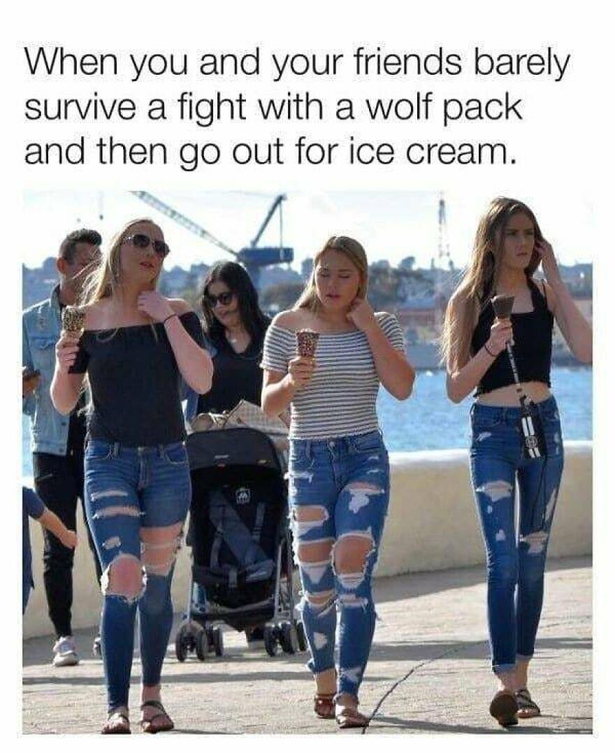 Group of young people eating ice cream after surviving a tough challenge, relatable camping and hiking meme about nature.