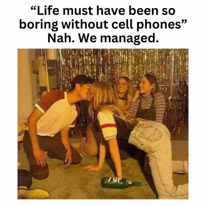 90s memes nostalgic photo of teenagers kissing and hanging out without cell phones in a retro party setting