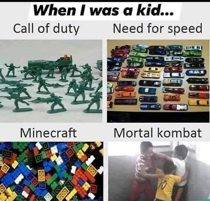 90s memes featuring toy soldiers, toy cars, building blocks, and kids play fighting for nostalgia ride.