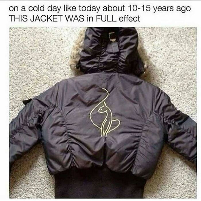 90s meme showing a nostalgic black jacket with a cat design, evoking memories from 10-15 years ago.