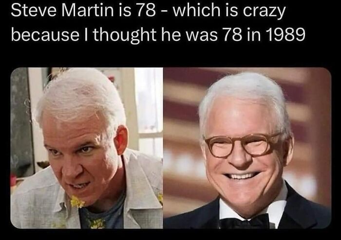 Side-by-side images of Steve Martin then and now, part of 90s memes evoking wild and amazing nostalgia rides.