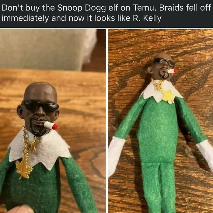 Snoop Dogg elf doll with braids fallen off, creating a humorous ’90s meme nostalgia vibe on a wooden background.