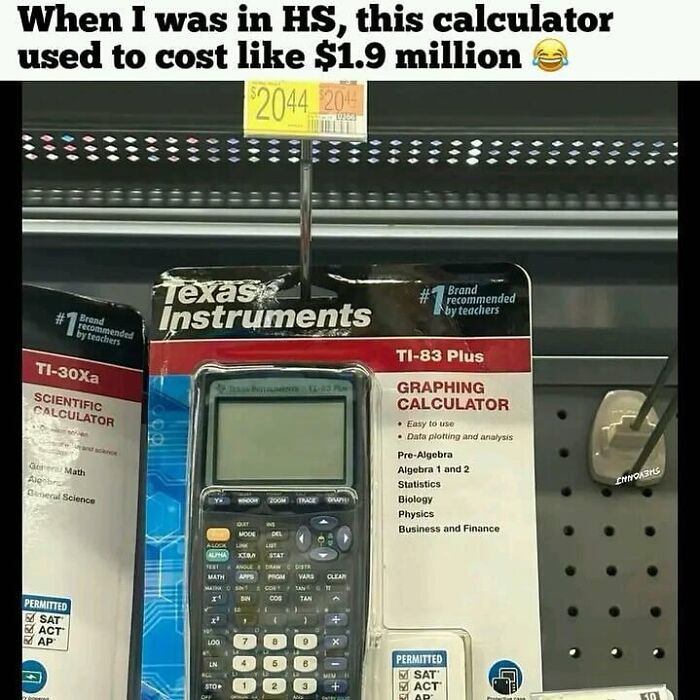 90s meme showing a vintage Texas Instruments graphing calculator with nostalgic price exaggeration joke.