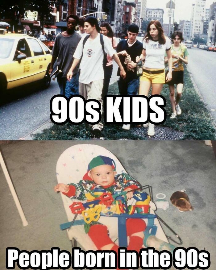 Group of 90s kids walking on city street and baby in colorful outfit playing, representing 90s memes nostalgia.