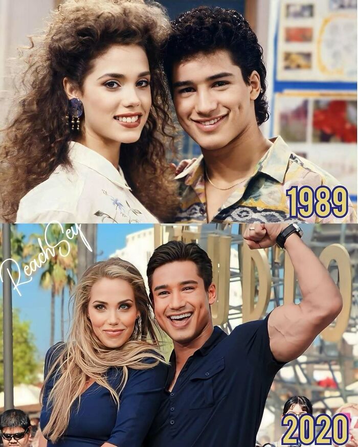 Couple photos from 1989 and 2020 showing changes over time with nostalgic ’90s memes vibes and fashion styles.