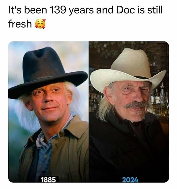 Side-by-side images of a man as Doc Brown from the ’90s and in 2024, showcasing nostalgic memes from the ’90s.