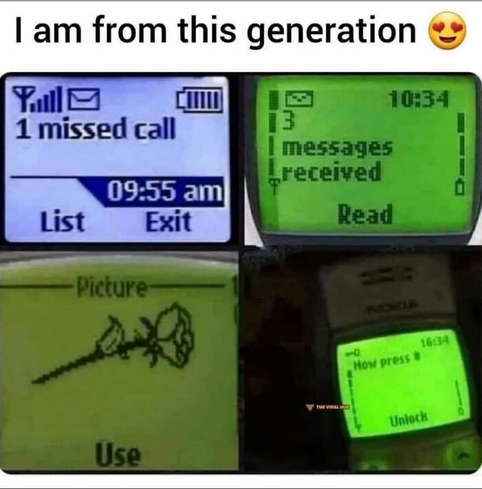 Nostalgic ’90s memes showing classic mobile phone screens with missed calls, messages, and pixel art flowers.