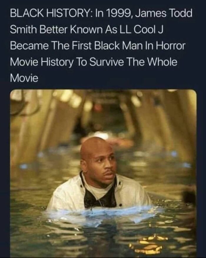 90s meme showing LL Cool J surviving a horror movie flood scene, capturing iconic nostalgia from the 90s era.