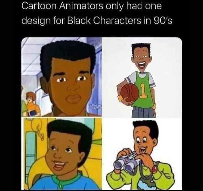 90s cartoon characters showing similar design styles for Black characters in nostalgic meme collage.