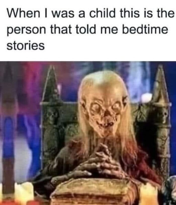 90s memes featuring a spooky character humorously recalling bedtime stories from childhood for a nostalgia ride.