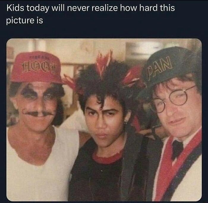 Three men in quirky ’90s costumes with hats and makeup, evoking strong 90s memes nostalgia and humor.