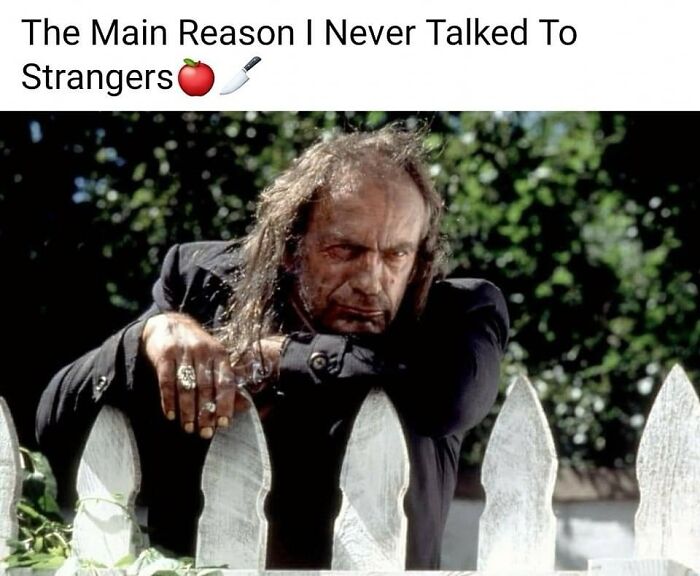 90s meme showing creepy man leaning on white picket fence, symbolizing childhood fears and nostalgia from the 90s era.