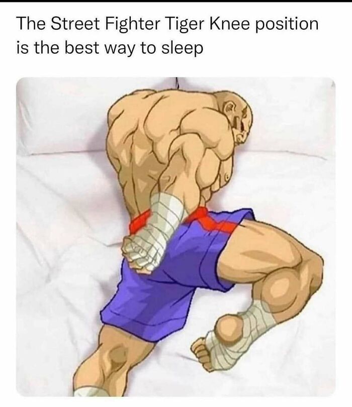 Muscular character in Street Fighter Tiger Knee pose lying on bed in a 90s memes style illustration.