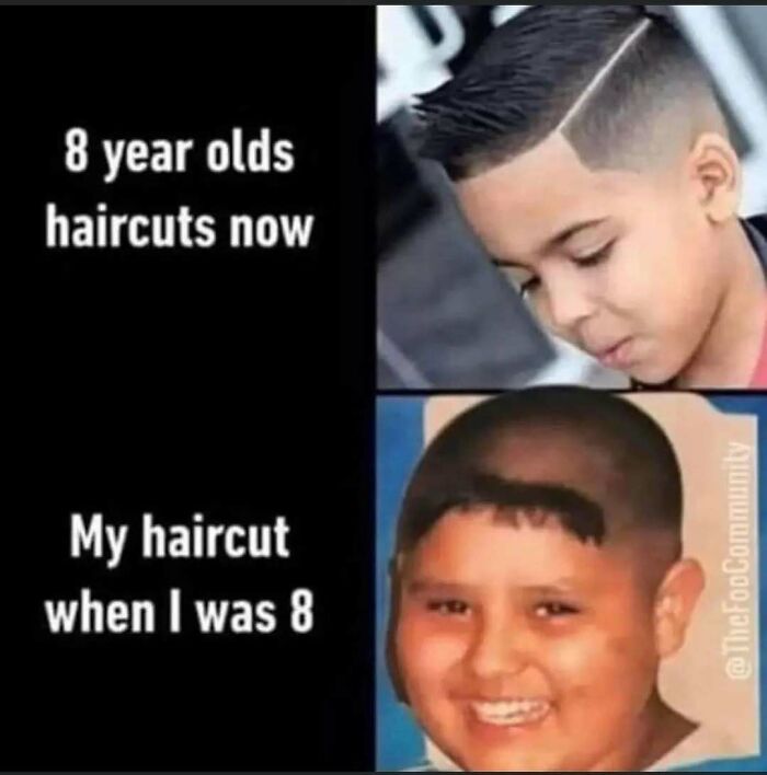 Comparison of modern 8-year-old haircuts and a humorous ’90s childhood haircut meme showing nostalgia.