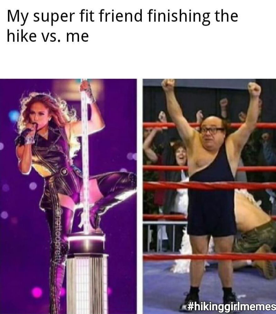 Comparison meme showing a fit friend versus a less fit person finishing a hike, related to camping and hiking memes.