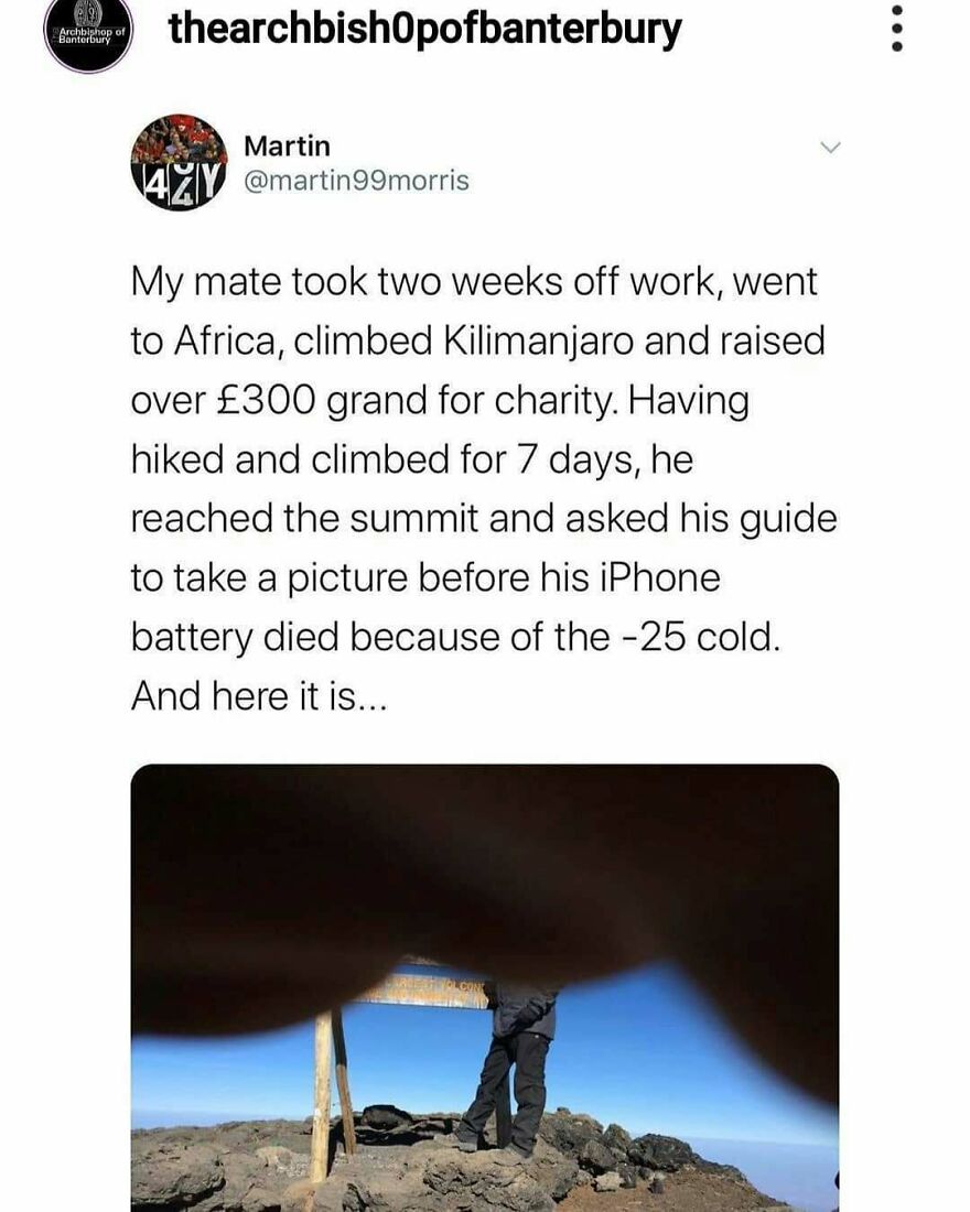 A hiking meme showing a failed summit photo after a Kilimanjaro climb, illustrating camping and hiking humor.