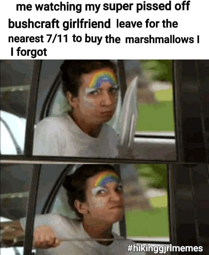 Person with rainbow face paint looking angry out of a car window in a camping and hiking memes joke about marshmallows.