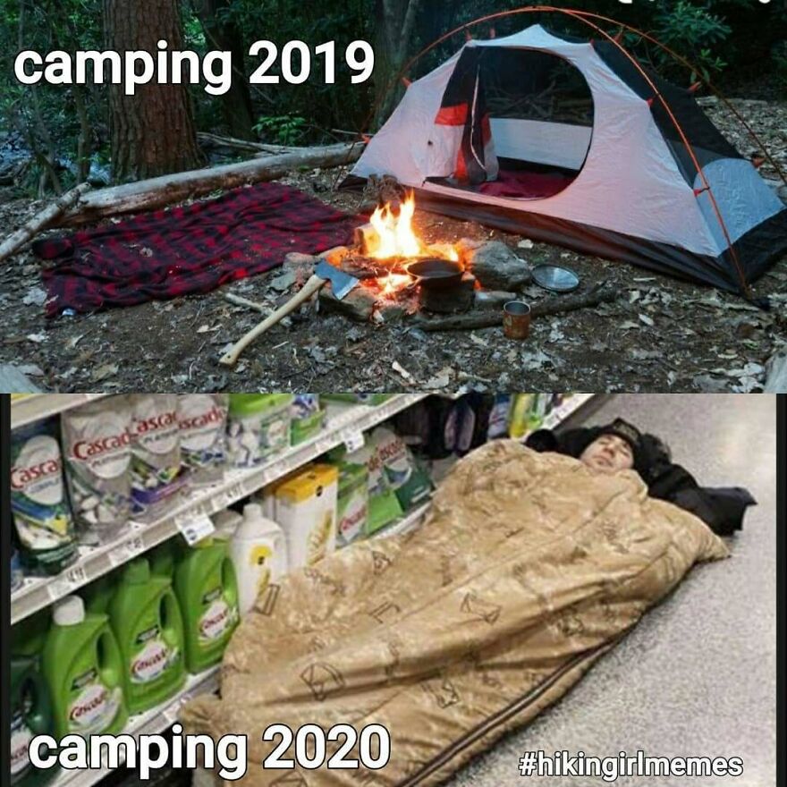 Side-by-side camping images showing outdoor tent and indoor sleeping bag, illustrating camping and hiking memes humor.
