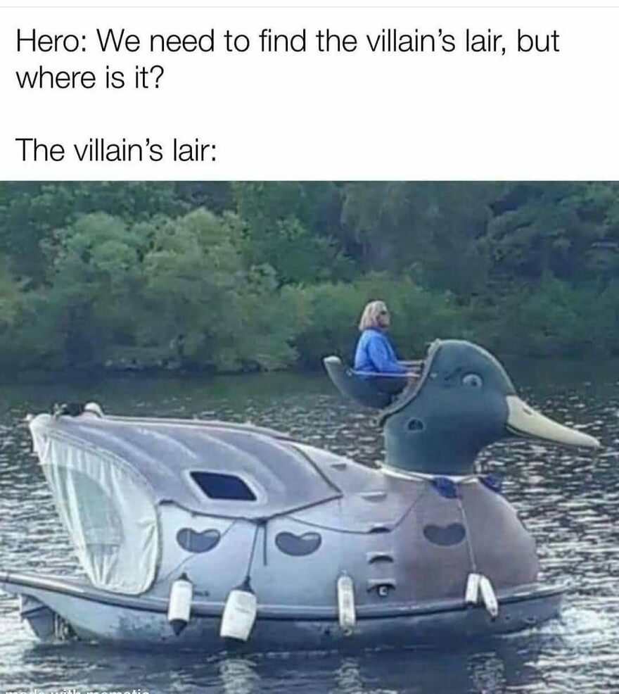 Funny bird memes: A person drives a large duck-shaped boat, captioned as a villain's lair.