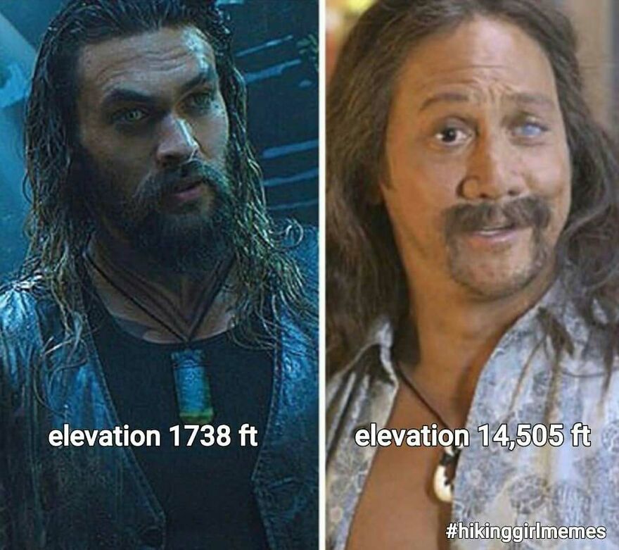 Two men showing different facial expressions comparing elevation at 1738 ft and 14,505 ft in camping and hiking memes.