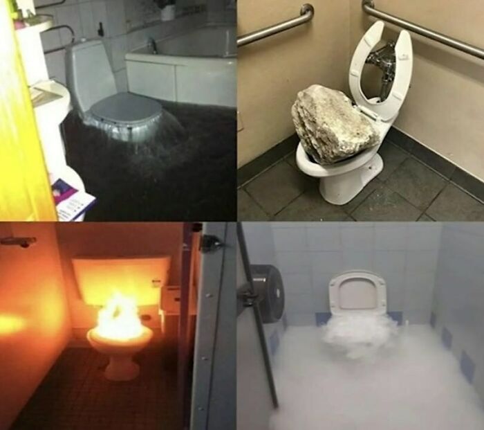 Four cursed images of toilets: one overflowing, one with a large rock, one on fire, and one filled with smoke.
