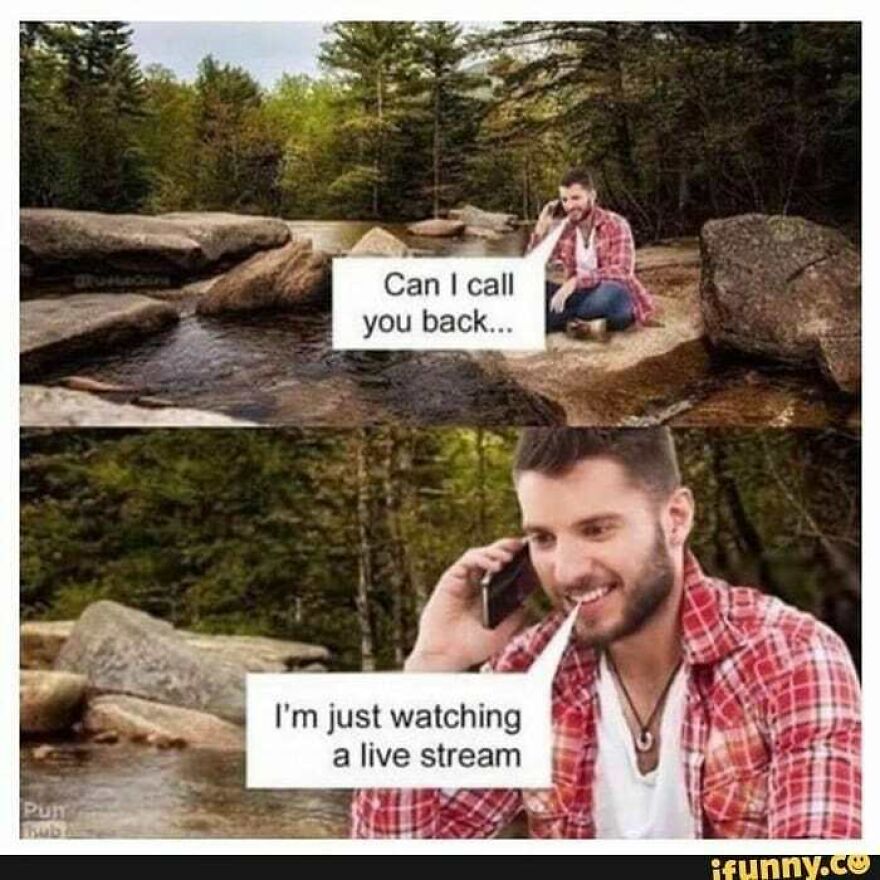 Man in nature by river, smiling and talking on phone, camping and hiking meme about live streaming outdoors.