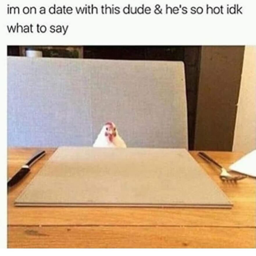 Funny bird meme: a chicken sits at a table on a date, captioning its hot date. What bird is that?
