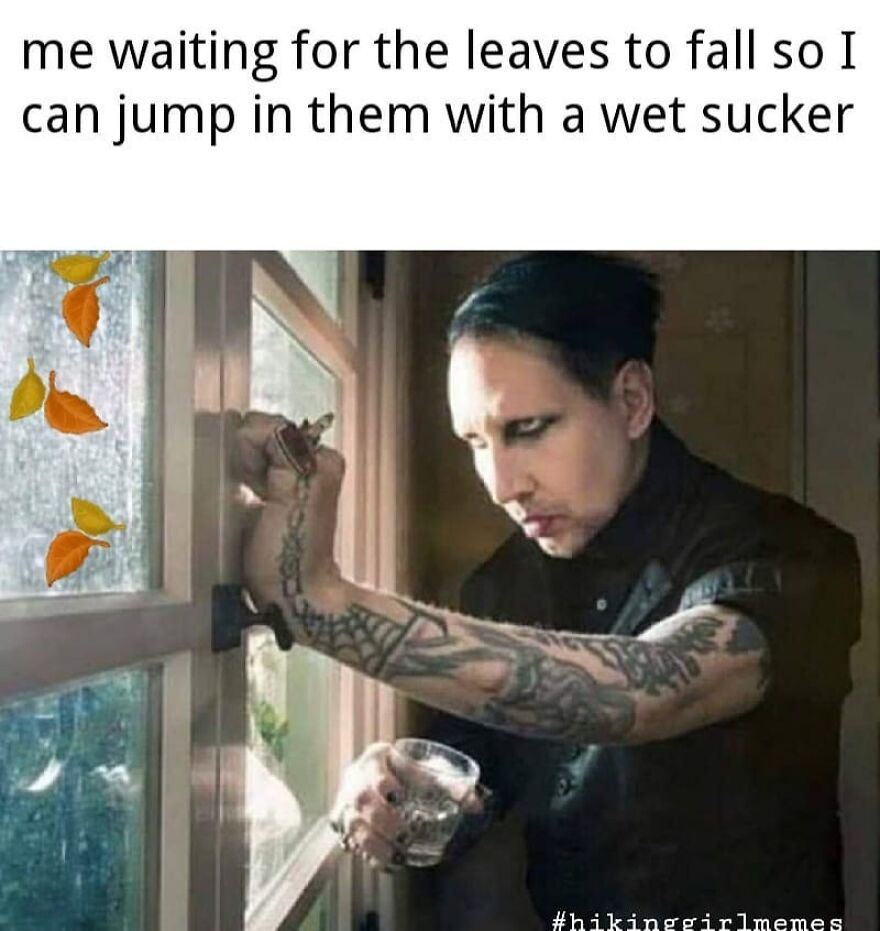 Person with tattoos looking out window waiting for leaves to fall, a funny camping and hiking meme about nature anticipation.