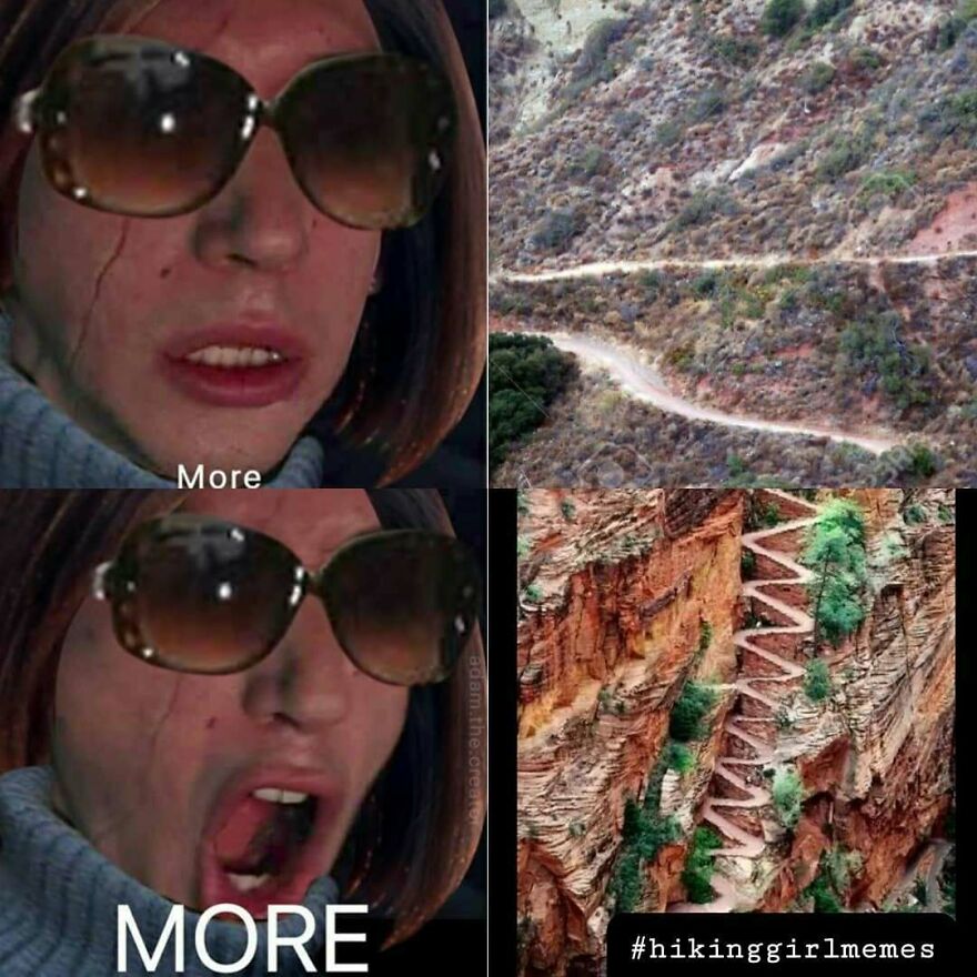 Woman with sunglasses reacting to increasingly challenging hiking trails, illustrating camping and hiking memes humor concept.