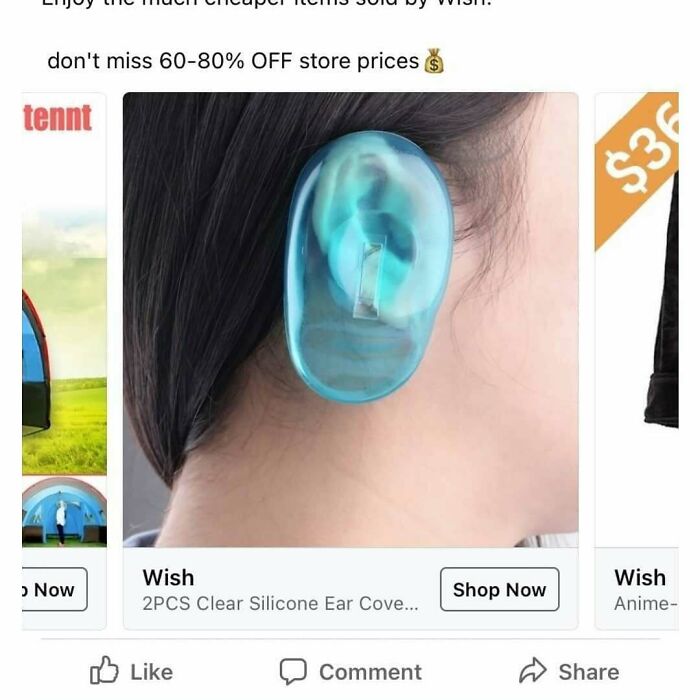 Transparent silicone ear cover displayed on a person’s ear, showcasing unusual products found while shopping on Wish.