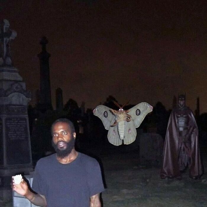 A man with a white object in a graveyard at night, with a giant moth and Batman, creating a cursed image.