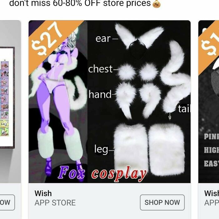 Fox cosplay costume pieces including ears, chest, hands, legs, and tail, shown in an online Wish shopping ad.