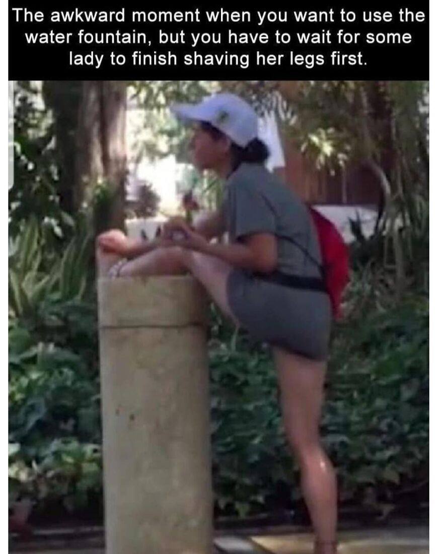 Woman stretching and shaving her legs at a water fountain in a humorous camping and hiking meme outdoors.