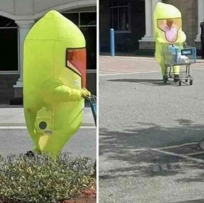 Two cursed images side by side. A person in a banana costume pushes a shopping cart, confusing and amusing.