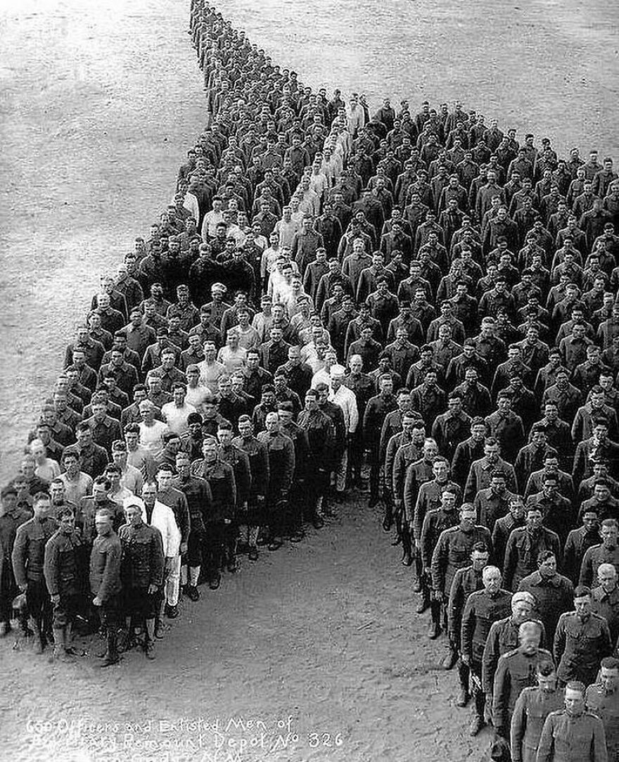 A fascinating photo of 600 officers and enlisted men from Remount Depot No 326 forming a star shape, teaching history.