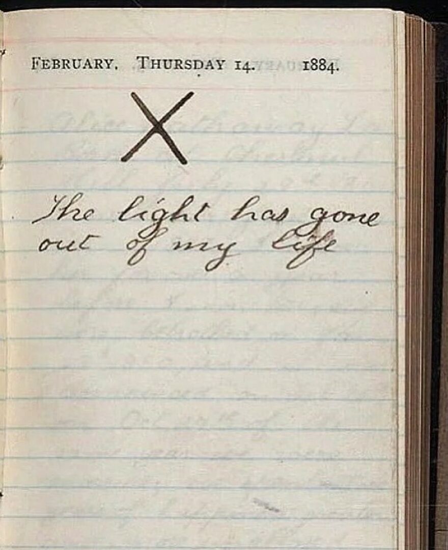 A historical diary entry from February 14, 1884, with faded text and the line, The light has gone out of my life, offering fascinating photos and history.
