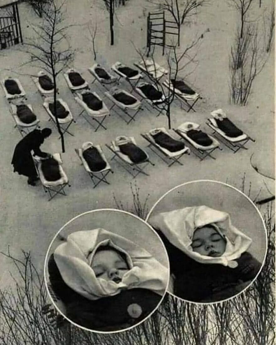 Fascinating photos show infants sleeping outdoors in the snow, a unique glimpse into history.