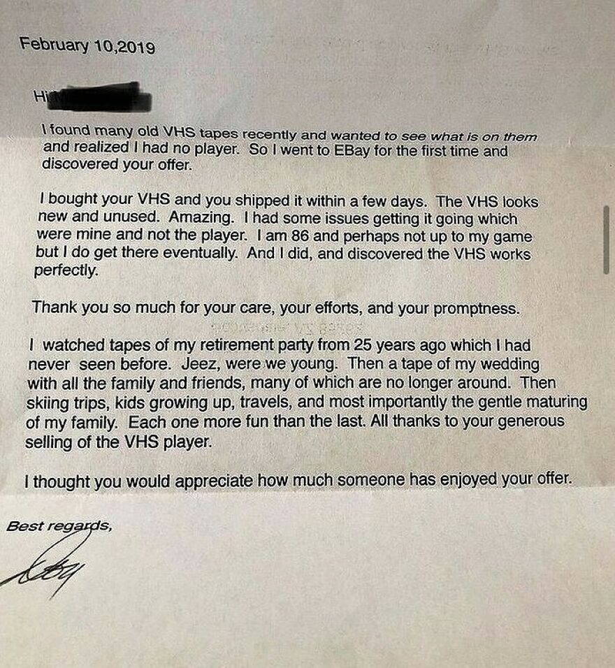A handwritten letter from an 86-year-old customer expressing joy over a VHS player purchase, showing fascinating history.