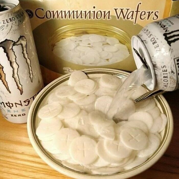 A cursed image of communion wafers in a bowl with Monster energy drink poured over them, confusing and amusing.
