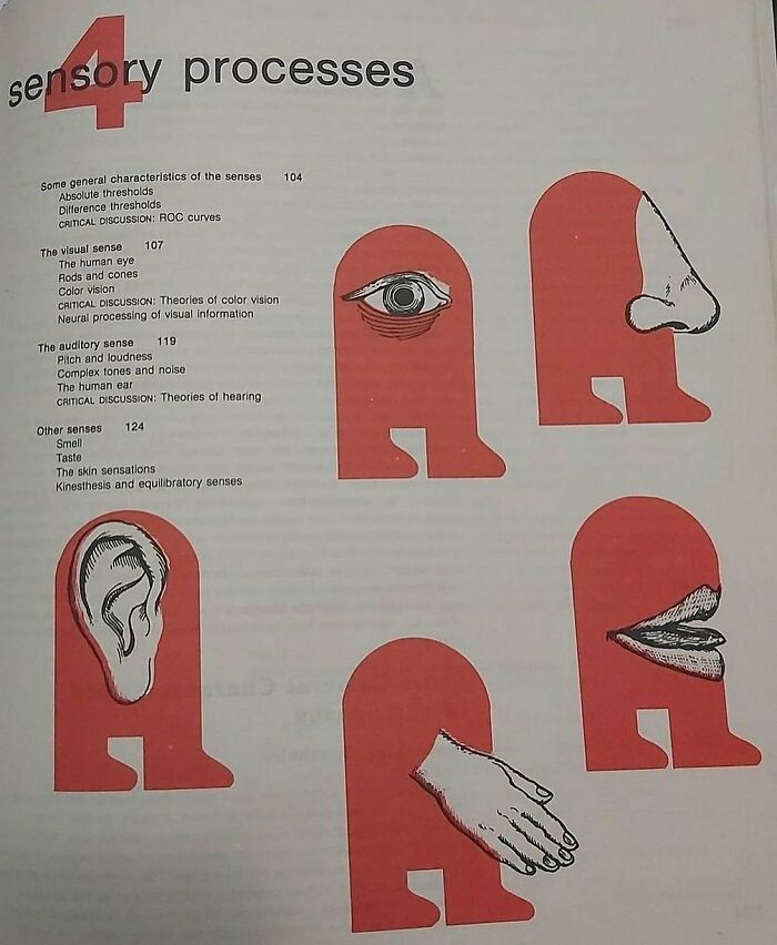 A textbook page on sensory processes with red, Among Us-like figures illustrating eyes, nose, ears, mouth, and hand. This cursed image is confusing yet amusing.