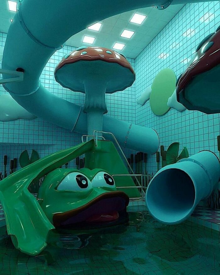 A cursed image of a strange indoor water park with green tiles, mushroom structures, and a Pepe the Frog slide.