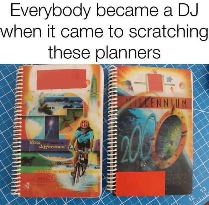 Two colorful 90s planners on a blue grid surface with text about DJ scratching, evoking 90s meme nostalgia.