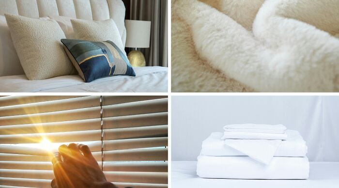 Collage of cozy bedding, soft blankets, sunlight through blinds, and neatly folded white sheets for choose one lose the rest poll.