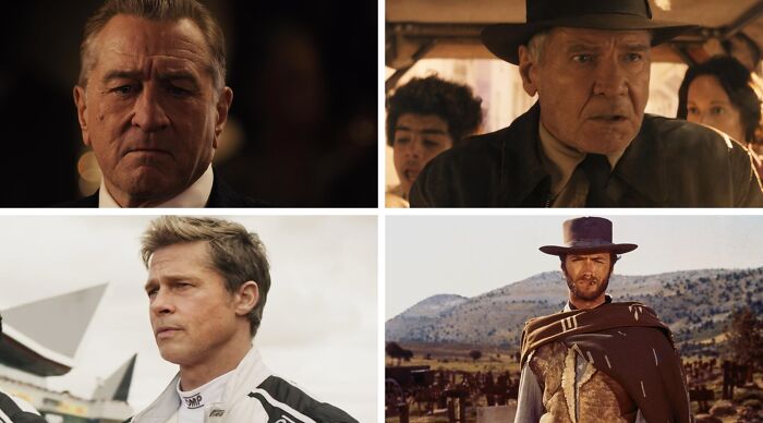 Four iconic male actors from classic and modern films featured in a choose one lose the rest poll collage.