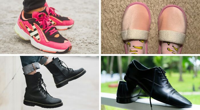 Four different types of footwear including pink sneakers, slippers, black boots, and black dress shoes representing choose one lose the rest poll.