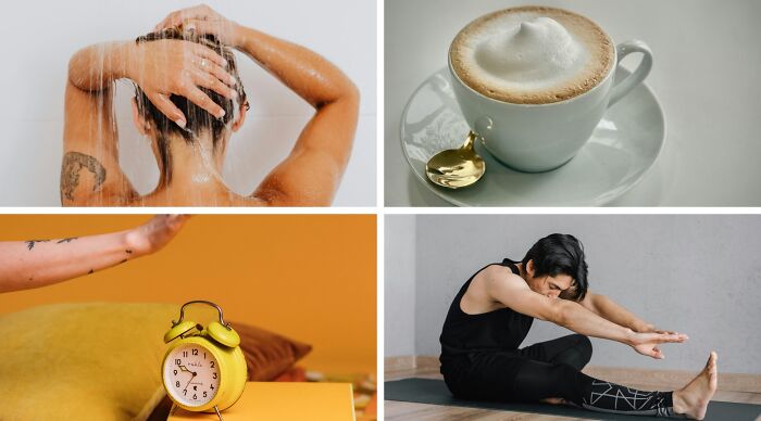 Collage showing a person showering, a cup of coffee, an alarm clock on a bed, and a man stretching for a choose one lose the rest poll.