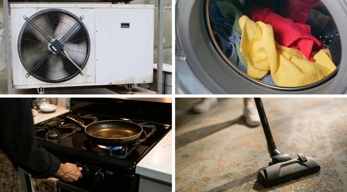 Choose one lose the rest poll with images of air conditioner, washing machine, stove, and vacuum cleaner in use.