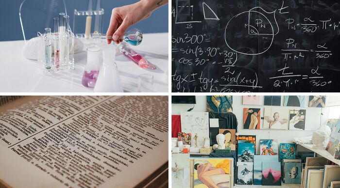 Collage showing chemistry experiments, math equations on a chalkboard, dictionary pages, and various artworks in a studio setting.