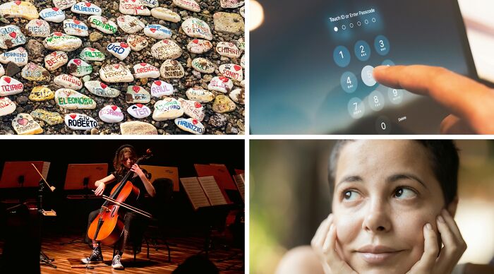 Collage showing colorful name stones, touchscreen passcode entry, cellist playing, and woman in thoughtful pose for poll choice.